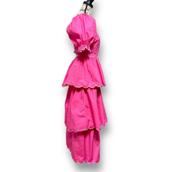 English Factory M Pink Scallop Tiered Maxi Dress Puff Sleeve Barbie Cottagecore - Picture 4 of 8
